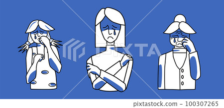 Sad female set. Young, adult and old women with sadness, emotion of melancholy, crying with tears. Blue and white color, line art drawing human characters. Sad female set. Young, adult and old women with sadness, emotion of melancholy, crying with tears. Blue and white color, line art drawing human characters. 100307265