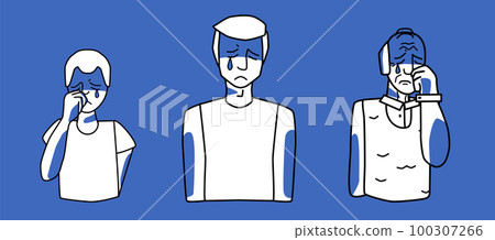 Sad male set. Young, adult and old men with sadness, emotion of melancholy, crying with tears. Blue and white color, line art drawing. Sad male set. Young, adult and old men with sadness, emotion of melancholy, crying with tears. Blue and white color, line art drawing. 100307266