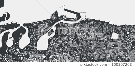 Sharjah vector map. Detailed black map of Sharjah city poster with streets. Cityscape poster metropolitan aria view. 100307268
