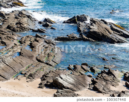 由砂岩和泥岩交替層形成的犬吠崎波浪海岸線的有趣地層 由砂岩和泥岩交替層形成的犬吠崎波浪海岸線的有趣地層 100307448