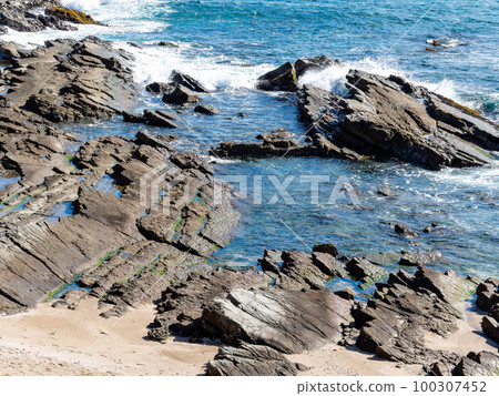 由砂岩和泥岩交替層形成的犬吠崎波浪海岸線的有趣地層 由砂岩和泥岩交替層形成的犬吠崎波浪海岸線的有趣地層 100307452