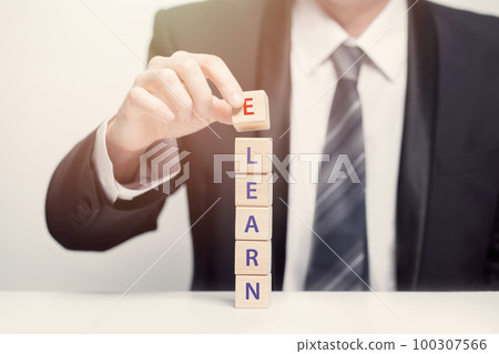 Wooden cubes with word, business electronic learn study concept 100307566