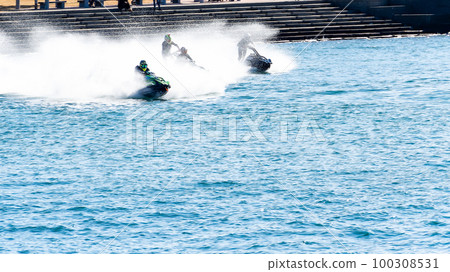 Exhilarating jet skiing in the Pacific Ocean at Byobugaura, Dover, Chiba, Japan 100308531
