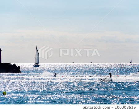 在日本千葉多佛 Byobugaura 的太平洋上令人振奮的水上摩托艇 在日本千葉多佛 Byobugaura 的太平洋上令人振奮的水上摩托艇 100308639