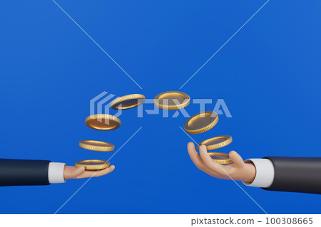 Businessman hand giving coin to another hand, buy sell donate concept, 3D rendering. 100308665