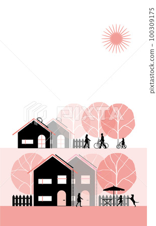 櫻花盛開的生態住宅街景（珊瑚粉色，垂直） 100309175