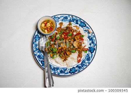 stir-fried basil with pork and fried egg stir-fried basil with pork and fried egg 100309345