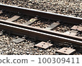 Close-up of concrete sleepers and railroad tracks and paved ballast 100309411