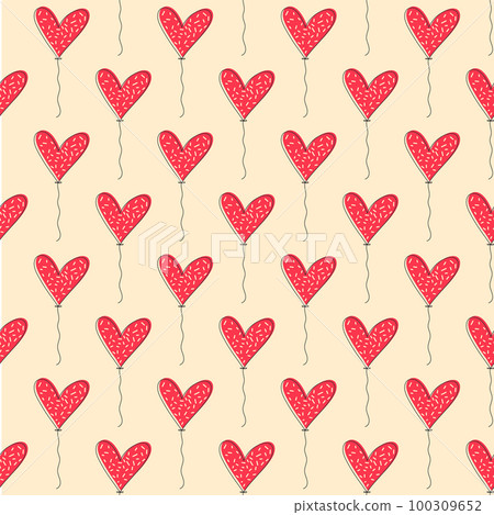 Seamless pattern with heart. Romantic hand-drawn beige background with red balloons. 100309652