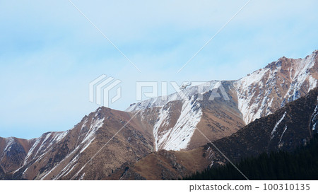 The helicopter is flying over the snowy mountains The helicopter is flying over the snowy mountains 100310135