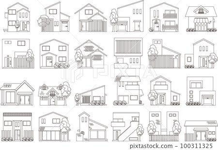 房地產、住宅、獨立屋、兩戶住宅、一層住宅的線描 100311325