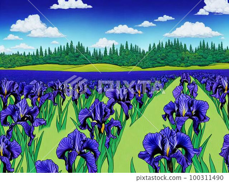 Japanese iris, blue flower, AI illustration 100311490