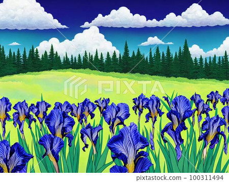 Iris garden, blue flowers, AI illustration Iris garden, blue flowers, AI illustration 100311494