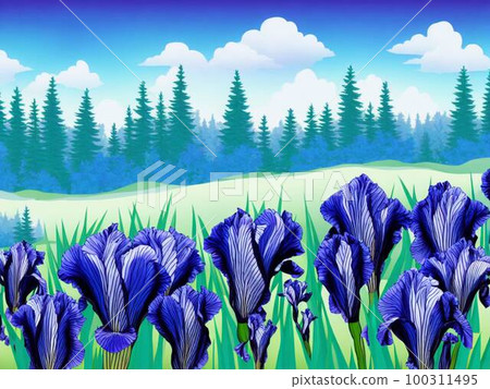 Iris garden, blue flowers, AI illustration Iris garden, blue flowers, AI illustration 100311495
