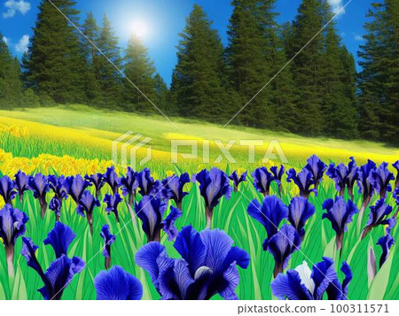 Iris garden, blue flowers, AI illustration 100311571