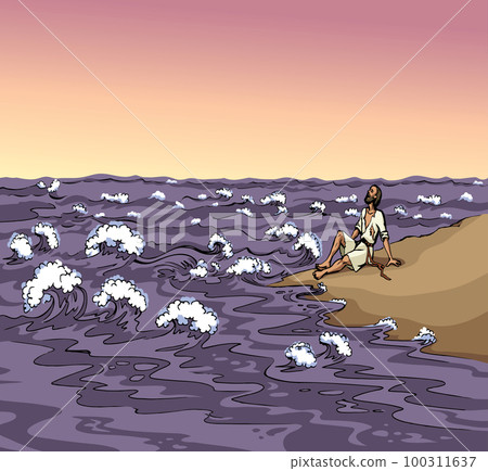Vector drawing. A man on the shore after a shipwreck 100311637