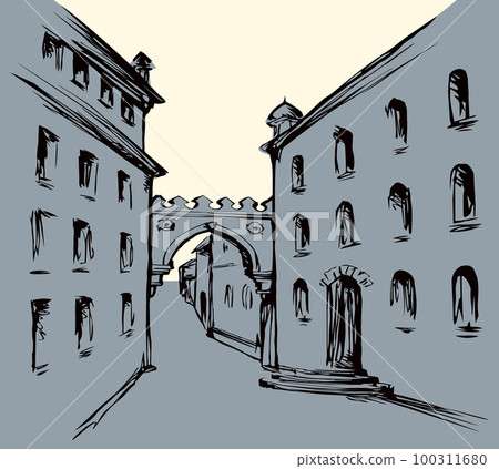 Vector cityscape. The narrow medieval streets of the old town 100311680