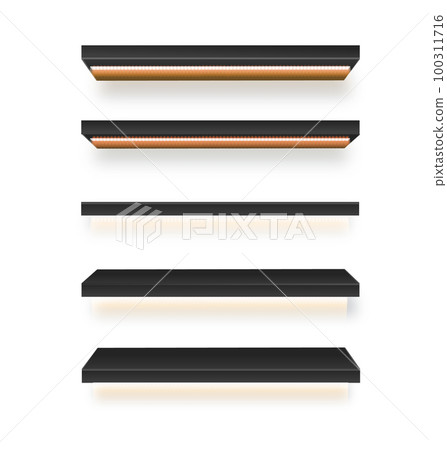 Set of empty wooden store shelves with LED lighting. Product shelf with wood texture and black wall mount. Grocery rack. Vector Set of empty wooden store shelves with LED lighting. Product shelf with wood texture and black wall mount. Grocery rack. Vector 100311716