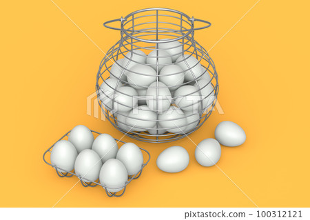 Farm raw organic white sugar-coated eggs for morning breakfast in basket 100312121