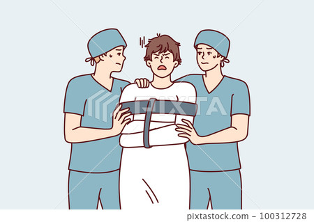 Two orderlies lead crazy man in straitjacket suffering from mental problems or schizophrenic illness 100312728