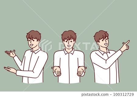 Man pointing in different directions providing consulting or customer support services Man pointing in different directions providing consulting or customer support services 100312729