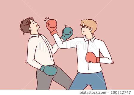 Determined business man in boxing gloves strikes opponent in face, symbolizing fierce competition Determined business man in boxing gloves strikes opponent in face, symbolizing fierce competition 100312747