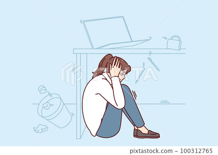 Frightened woman wait out earthquake hiding under office desk to save during building collapse 100312765