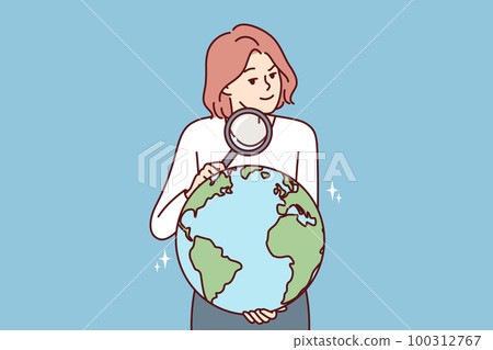 Woman with magnifying glass holds globe studying geography or choosing place for further travel Woman with magnifying glass holds globe studying geography or choosing place for further travel 100312767