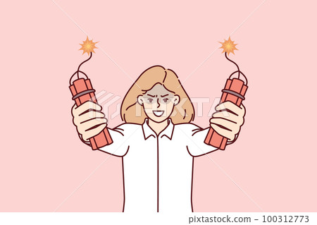 Angry businesswoman holding dynamite in hands threatening to make explosion company employees 100312773