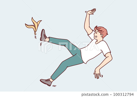 Clumsy man slipped on banana peel while walking through city streets or home rooms 100312794