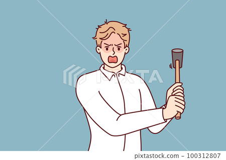 Crazy man threatens to hit with hammer and screams suffering from mental disorder causing aggression 100312807