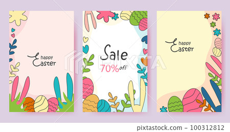 Happy Easter set of banners, greeting cards, posters, holiday covers. Holiday sale. Minimalist contemporary art style. Vector 100312812
