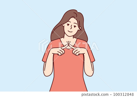 Shy girl looks at camera and joins fingers in front of chest, wanting to seduce guy 100312848