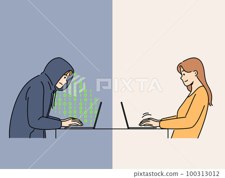 Woman chatting online with male scammer  100313012
