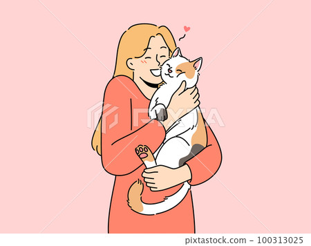 Happy woman hug cute cat Happy woman hug cute cat 100313025