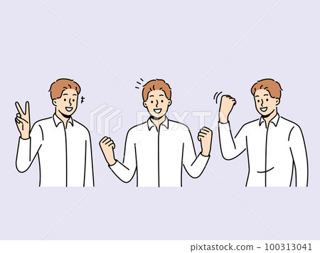Smiling man make hand gestures celebrating success  100313041