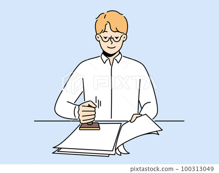 Male notary stamp documents in office  100313049