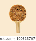 Playful collage round bread breakfast and tennis racket ping pong on a yellow background.  100313707