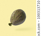 A playful collage of a kiwi ball flies on a yellow background. Minimal creative concept of food and 100313710