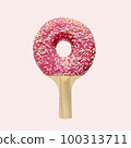 Playful collage with delicious pink donut and racket ping pong tennis.  100313711