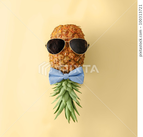 Playful pineapple in sunglasses and bow tie. Minimal concept of tropical fruits of summer and Playful pineapple in sunglasses and bow tie. Minimal concept of tropical fruits of summer and 100313721