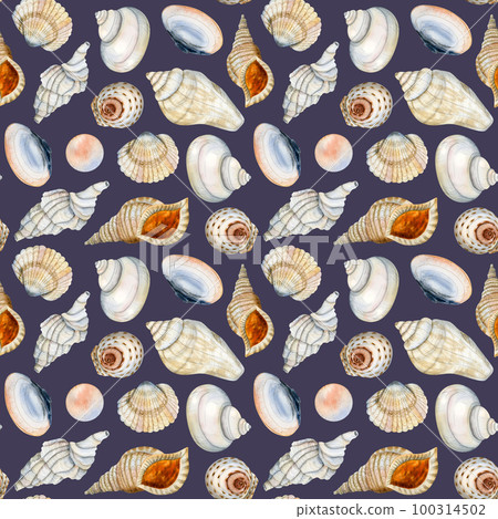 Dark blue nautical watercolor seashells seamless pattern for fabric, textile design, covers, wrapping paper in beige 100314502
