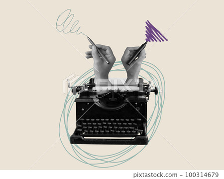 Art collage with old typewriter and hands with pen. Storytelling, creativity and blogging concept. 100314679