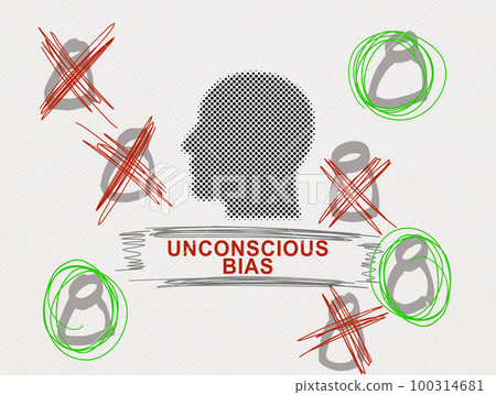 Collage with drawn figures, head and sign Unconscious bias. Collage with drawn figures, head and sign Unconscious bias. 100314681