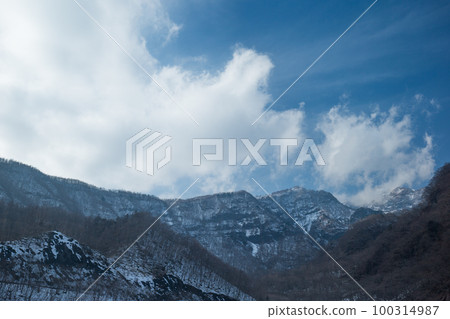 snow-capped mountains and blue sky 100314987