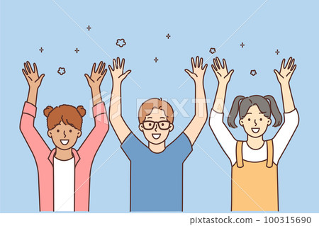 Smiling children raise hands playing together  100315690