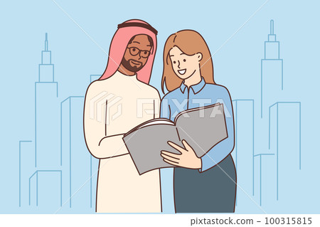 Female contractor show project to Arabic businessman Female contractor show project to Arabic businessman 100315815