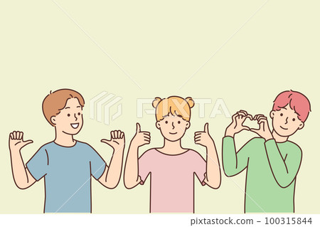 Smiling children show hand gestures  100315844