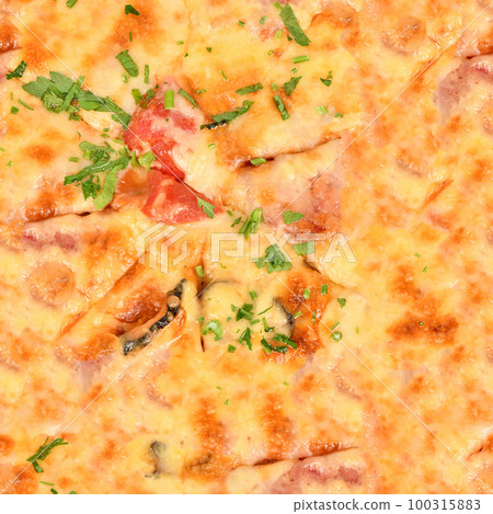 Seamless texture or wallpaper, Baked pizza with herbs and meat background. Seamless texture or wallpaper, Baked pizza with herbs and meat background. 100315883