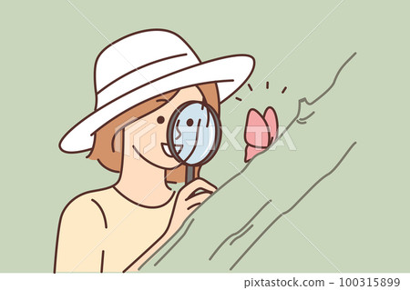 Smiling woman with magnifier look at butterfly 100315899